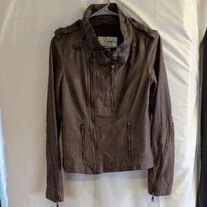 Bagutta Brown Leather Moto Jacket with Zip Details